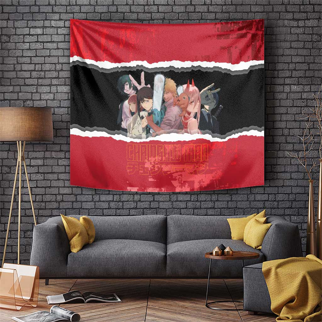 Chainsaw Man Team Ensemble Tapestry With Distressed Red Grunge Design
