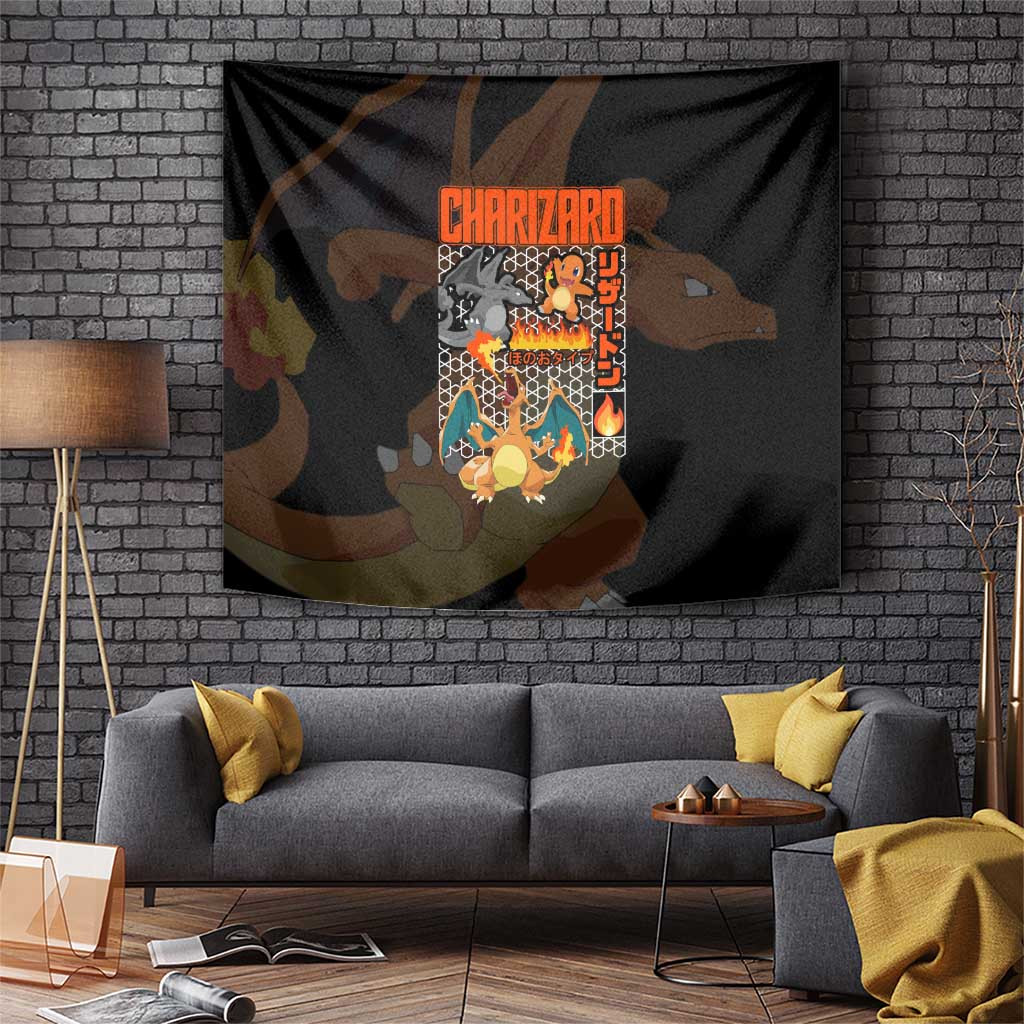 Charizard Poke Tapestry With Fire Evolution Black And Orange Flame Grid Style