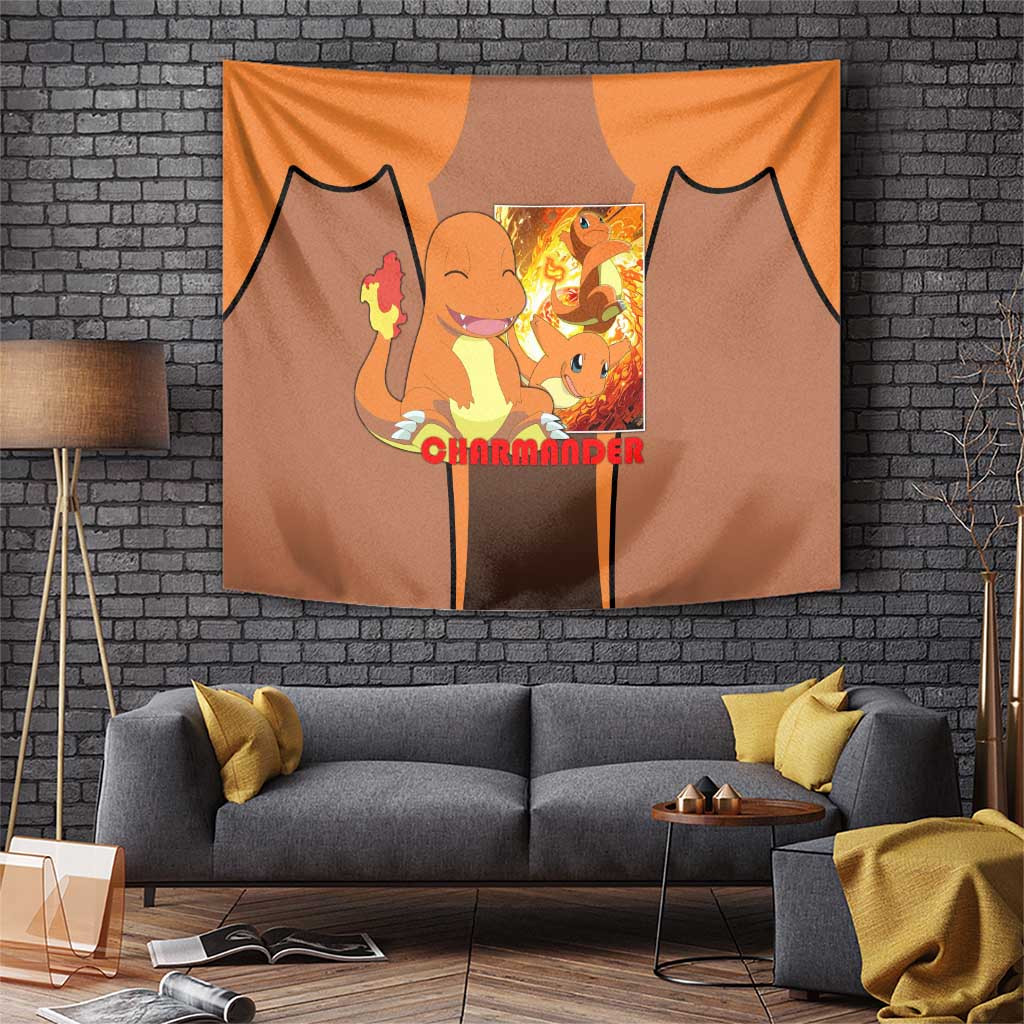Charmander Fire Type Tapestry With Cute Expression And Flame Background Art