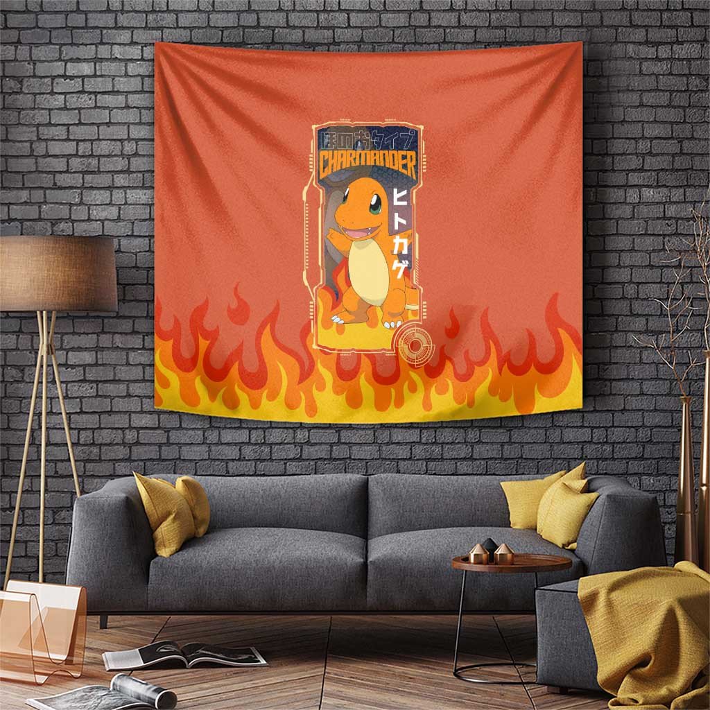 Charmander Poke Tapestry With Retro Orange Flame Design