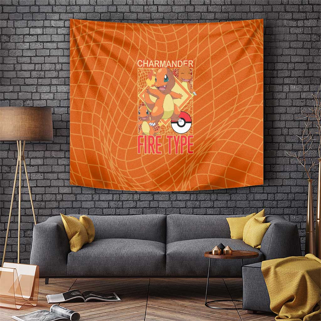 Charmander Tapestry Fire Type Flame Lizard Design With Pokeball Graphic