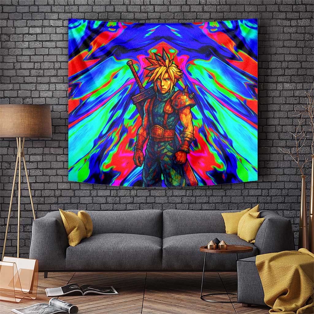 Cloud Strife Final Fantasy Vii Tapestry With Psychedelic Blue Red Burst Armor Style