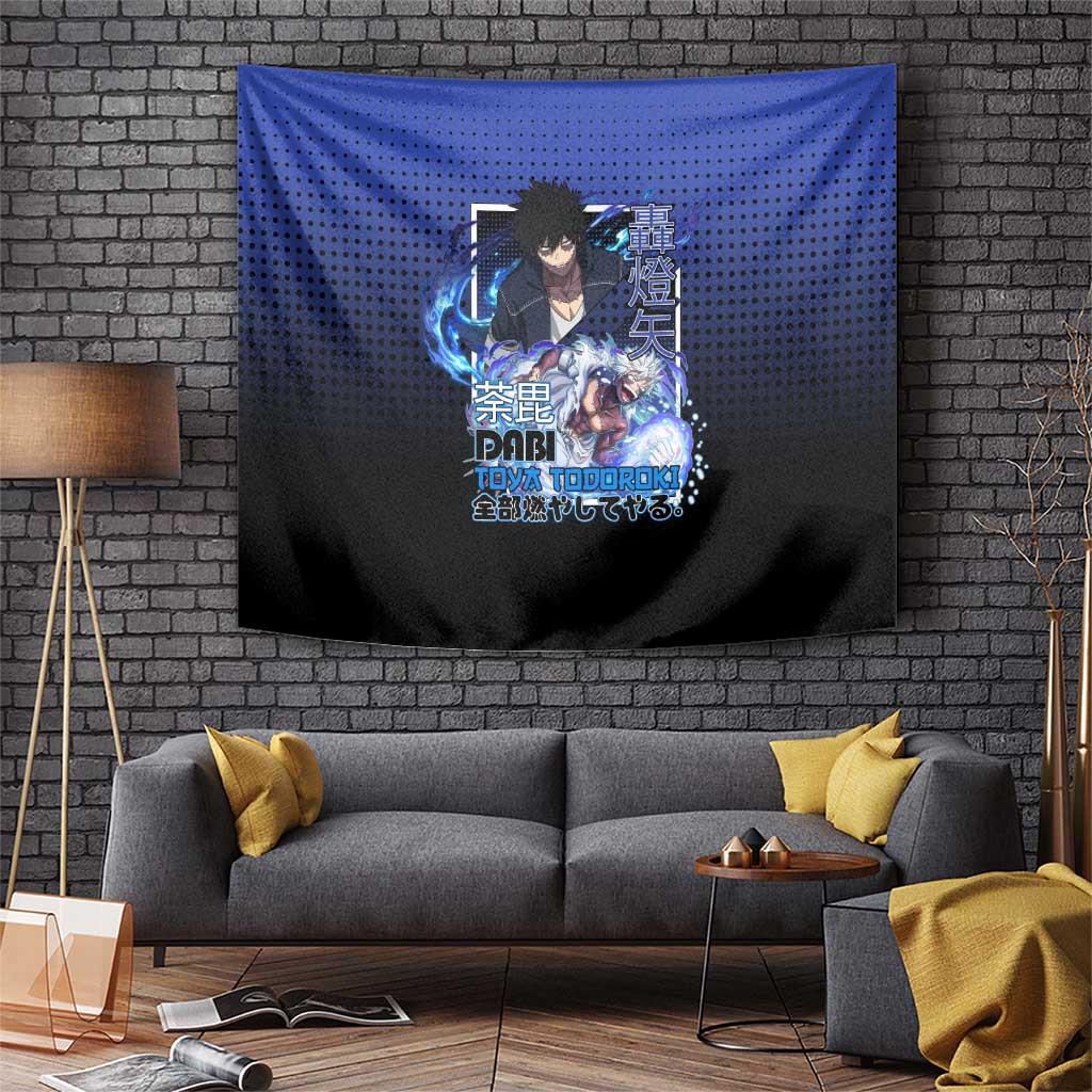 Dabi My Hero Academia Tapestry With Blue Flames And Text Design