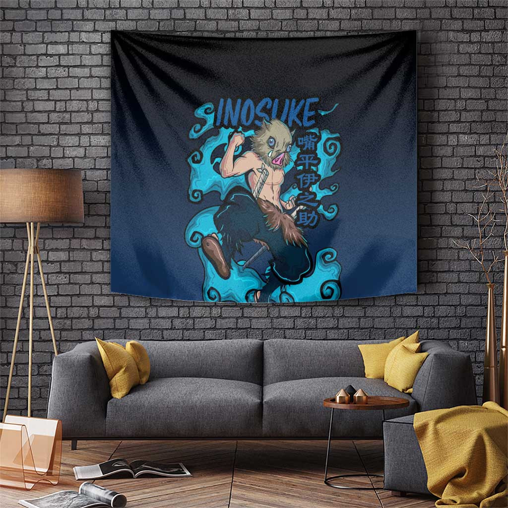 Demon Slayer Inosuke Hashibira Tapestry With Boar Mask And Blue Smoke Anime Design