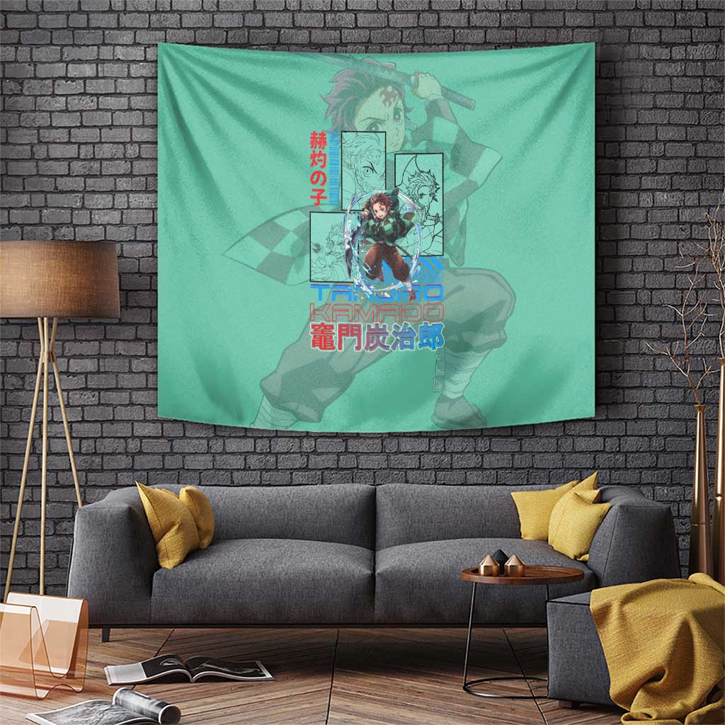 Demon Slayer Tanjiro Kamado Tapestry Mint Green Anime Graphic