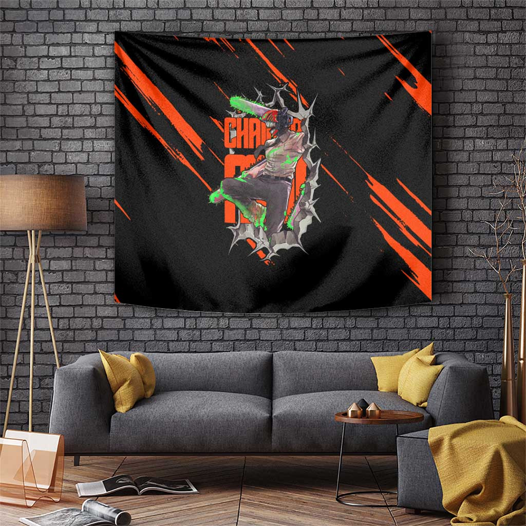 Denji Chainsaw Man Devil Transformation Tapestry With Orange Black Slash Effect