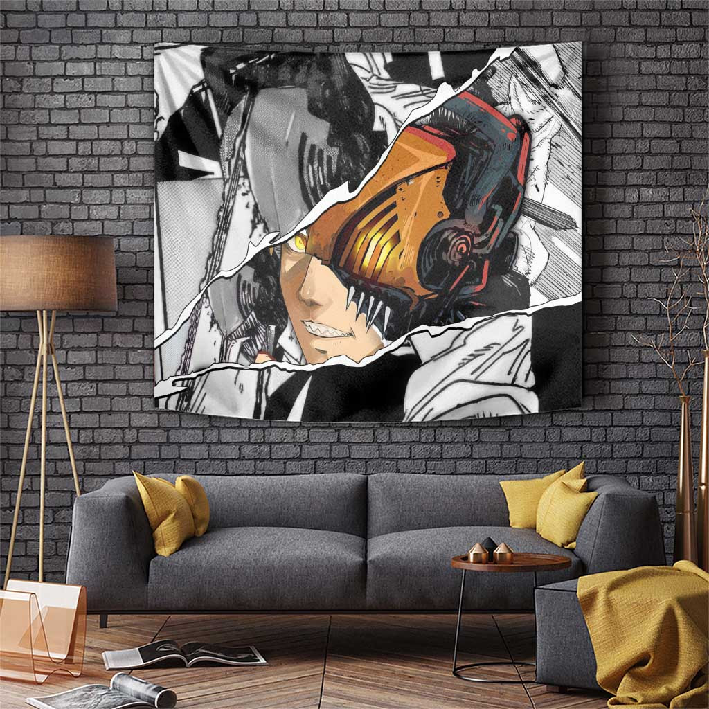 Denji Chainsaw Man Tapestry With Manga Collage Split Face Blood Spray