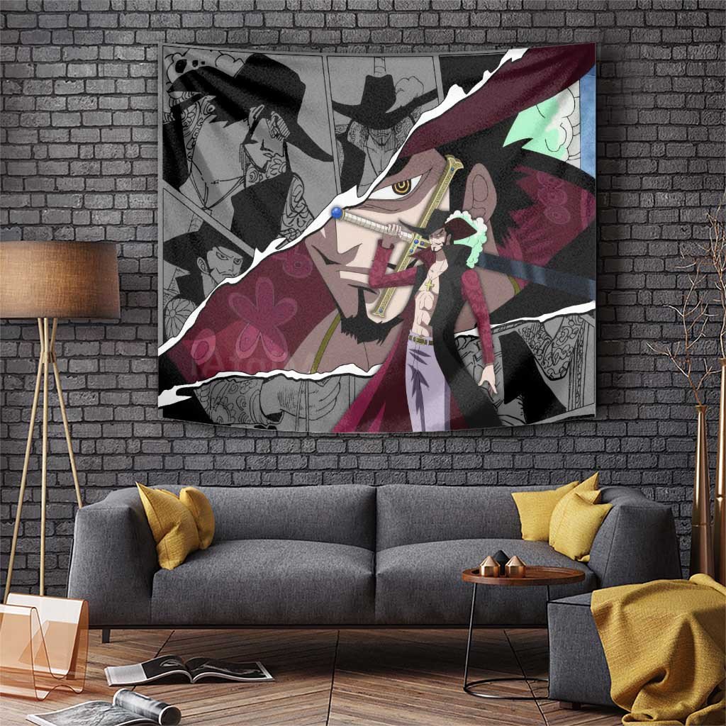 Dracule Mihawk One Piece Tapestry With Cross Shaped Sword And Burgundy Pattern Design