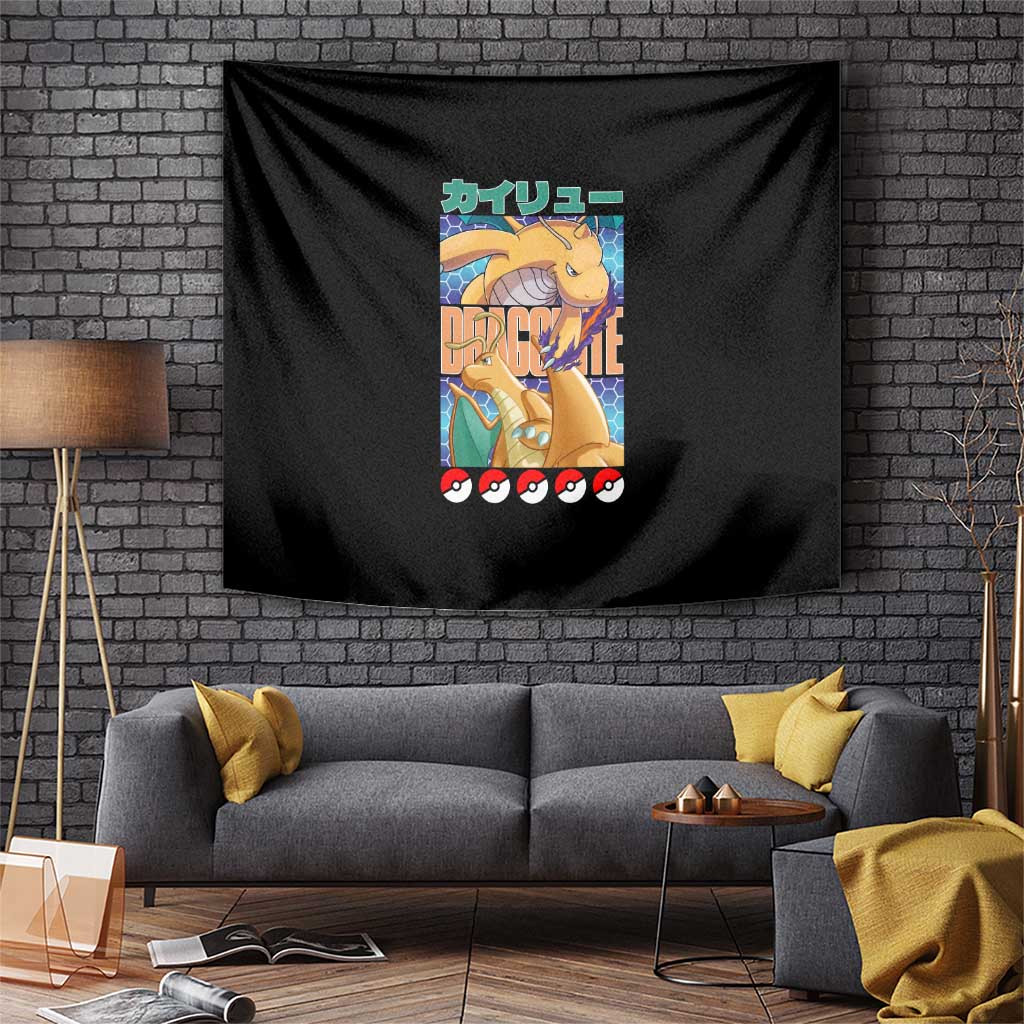 Dragonite Graphic Tapestry With Japanese Text And Pokeball Design