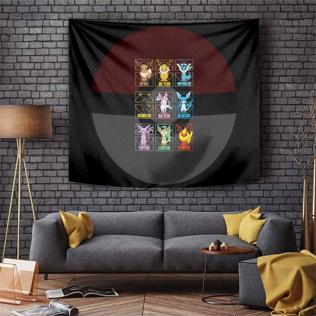 Eevee Evolutions Poke Tapestry With Black Retro Neon Type Grid Style