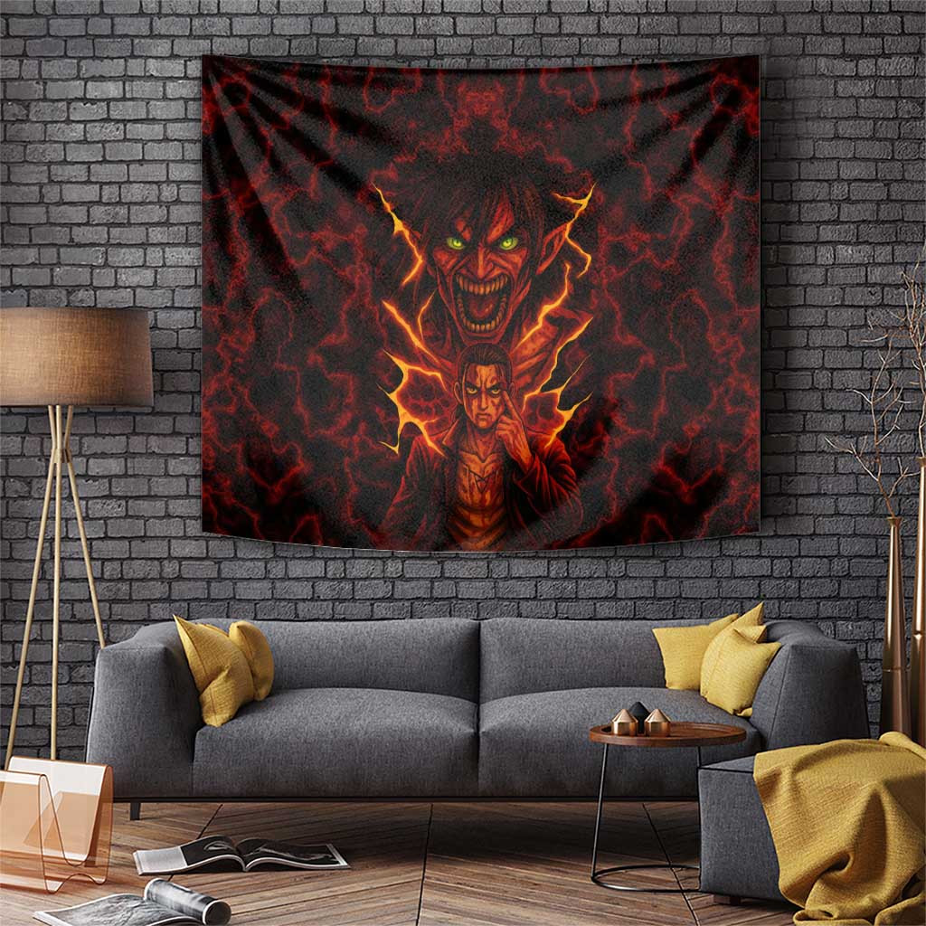 Eren Yeager Attack On Titan Tapestry With Fiery Titan Rage And Dark Crimson Lightning