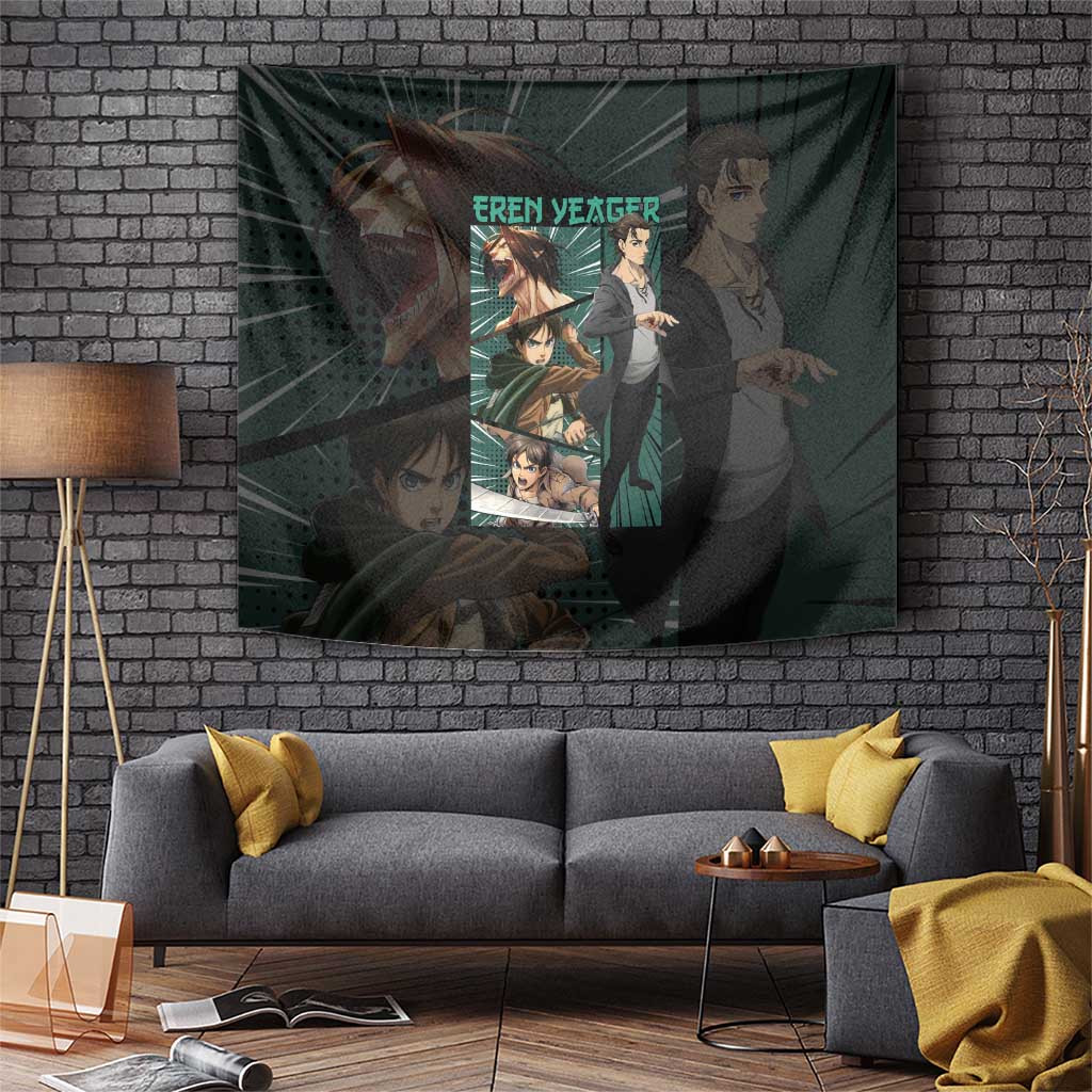 Eren Yeager Attack On Titan Titan Shifter Tapestry With Determined Gaze Anime Style