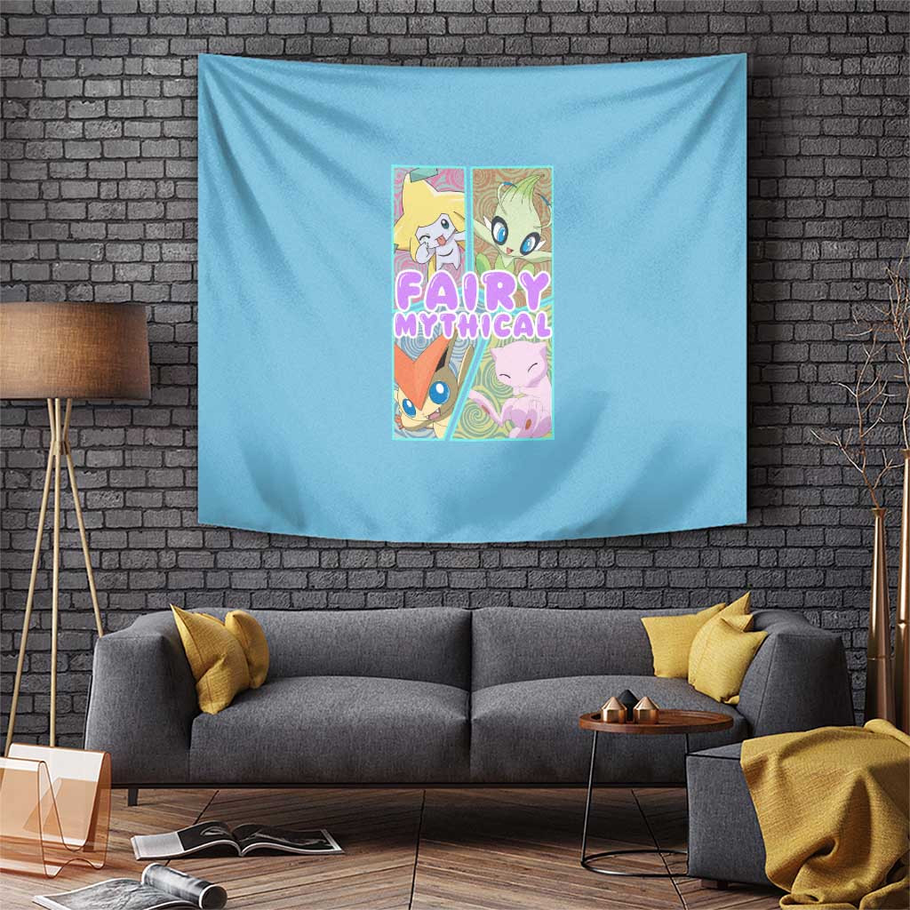 Fairy Mythical Poke Blue Tapestry With Green Sleeves And Pokeball Logo