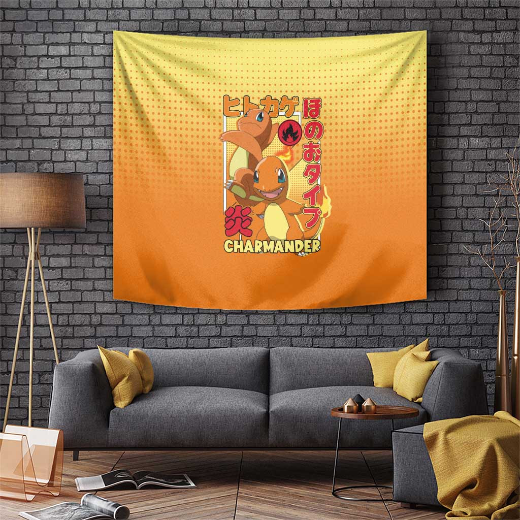 Featuring Charmander Character Tapestry With Japanese Text And Fire Element Theme