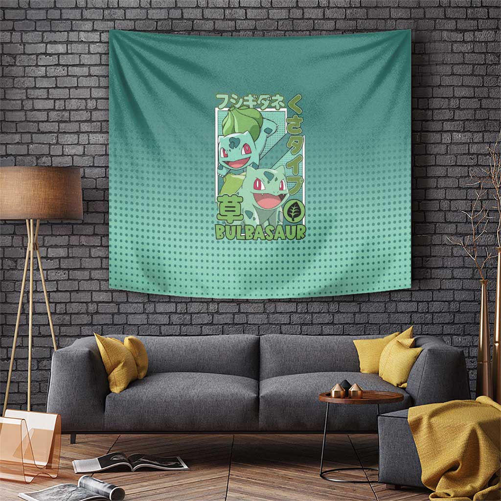 Featuring Cute Bulbasaur Character Tapestry With Japanese Text And Leaf Symbol