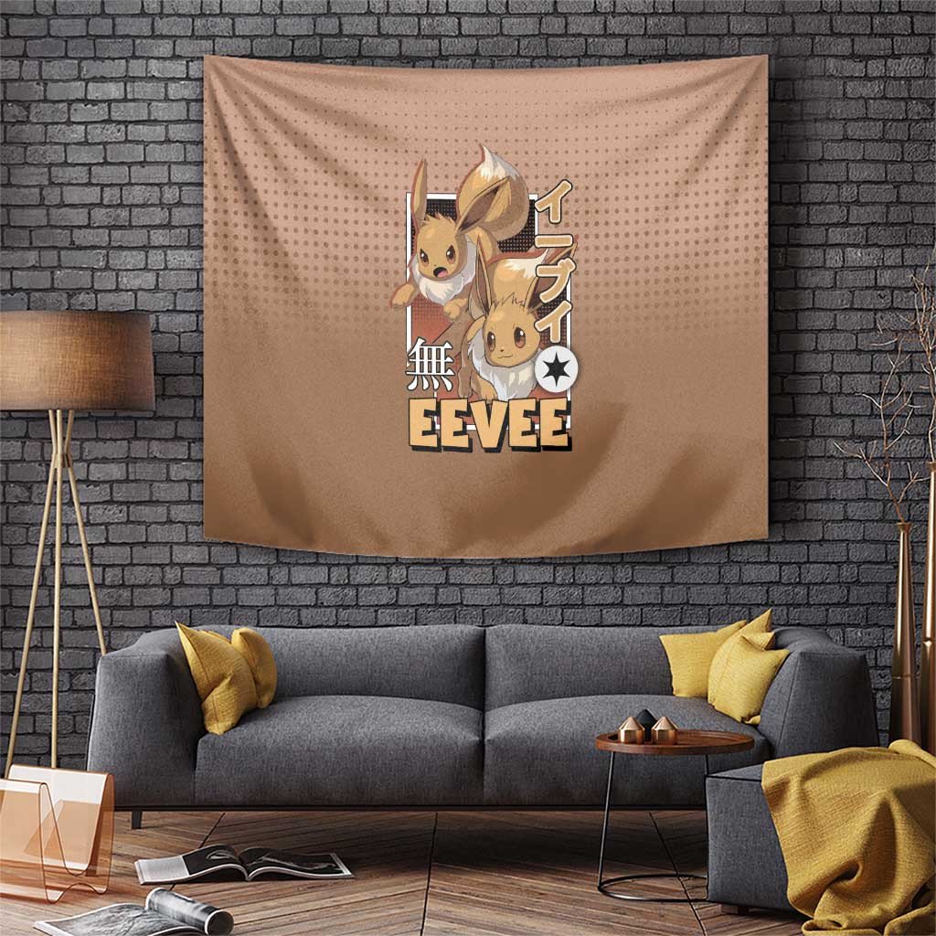 Featuring Eevee Character Tapestry With Pokeball And Japanese Text Design