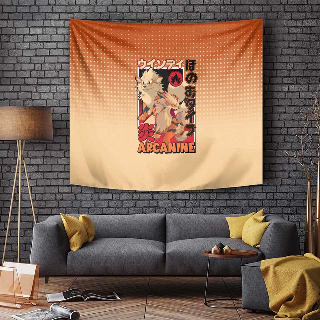 Featuring Fierce Arcanine Character Tapestry With Japanese Text And Fire Theme
