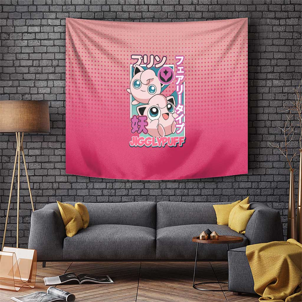 Featuring Jigglypuff Character Tapestry With Japanese Text And Retro Style Design
