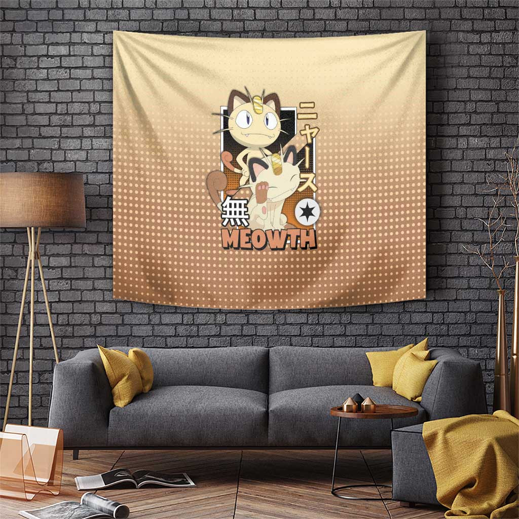 Featuring Meowth Character Tapestry With Pokeball And Japanese Lettering Design