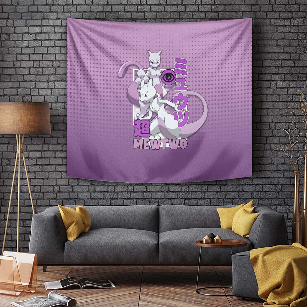 Featuring Mewtwo Character Tapestry With Japanese Text And Pokeball Design