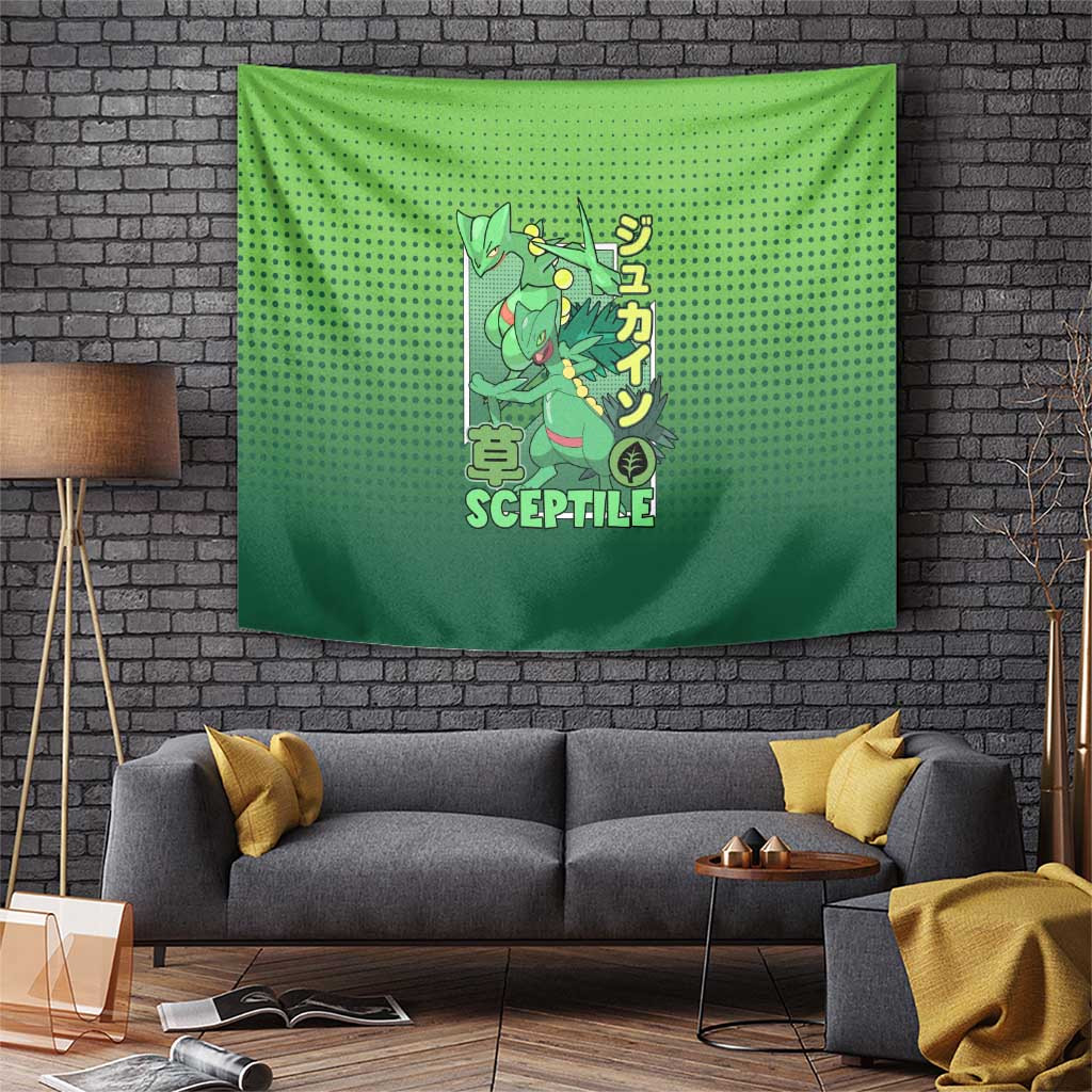 Featuring Sceptile Character Tapestry With Pokeball And Japanese Lettering Design
