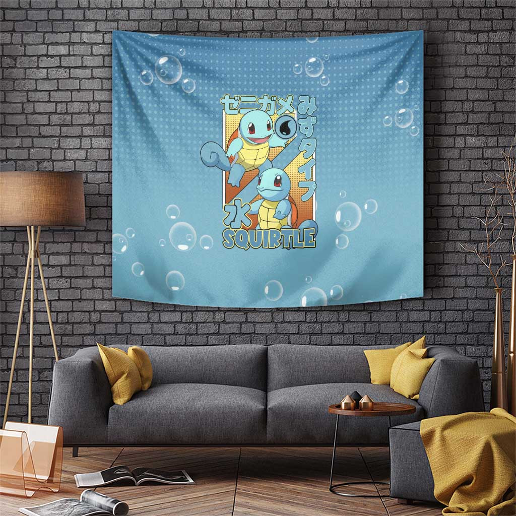 Featuring Squirtle Character Tapestry With Bubbles And Japanese Text Design