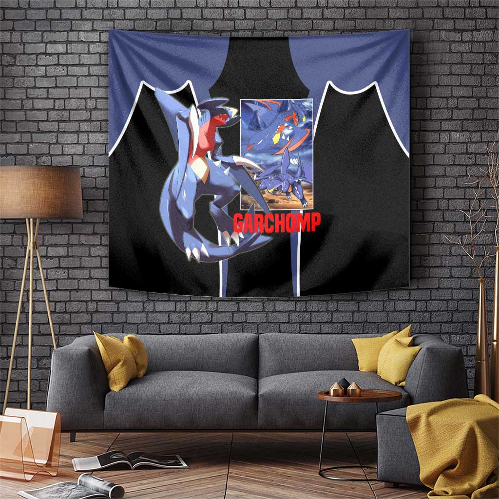 Garchomp Dark Blue Anime Tapestry With Dragon Type Battle Pose And Sharp Claw Artwork