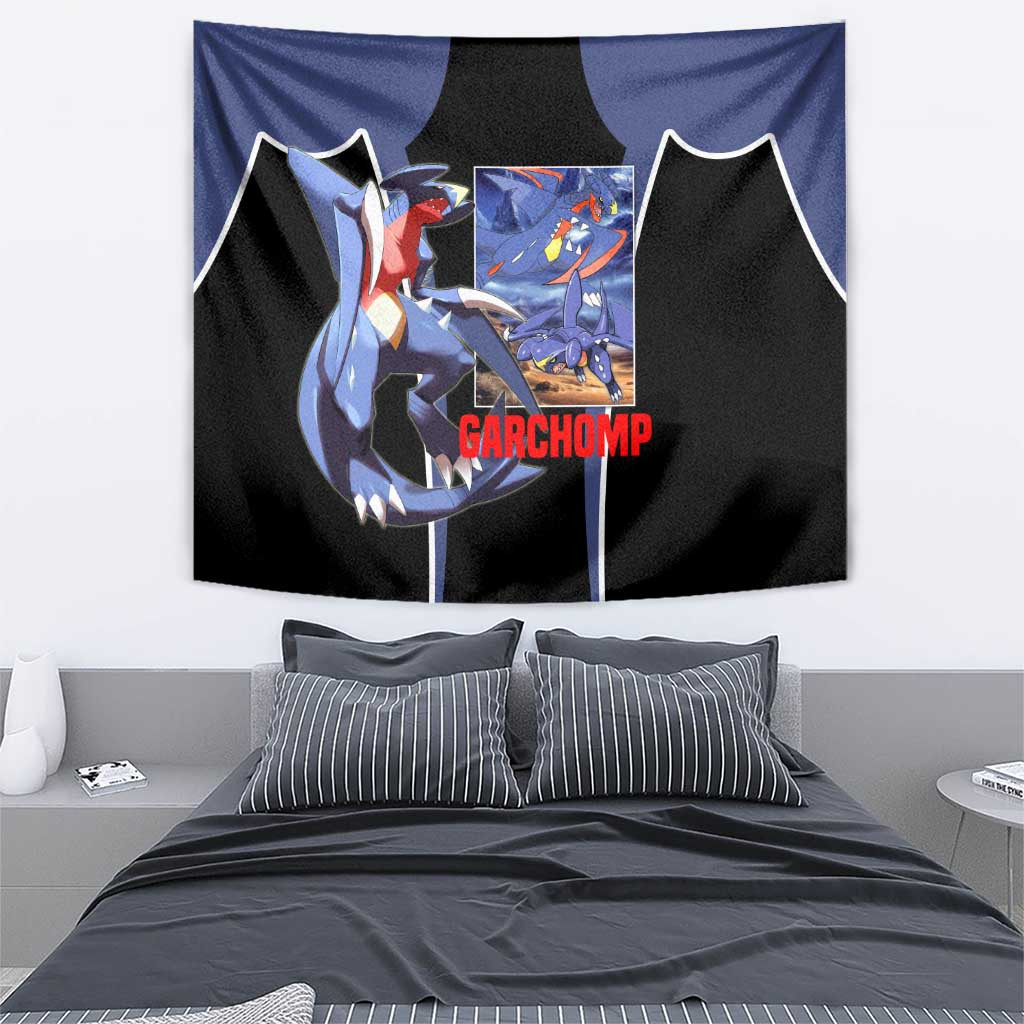 Garchomp Dark Blue Anime Tapestry With Dragon Type Battle Pose And Sharp Claw Artwork