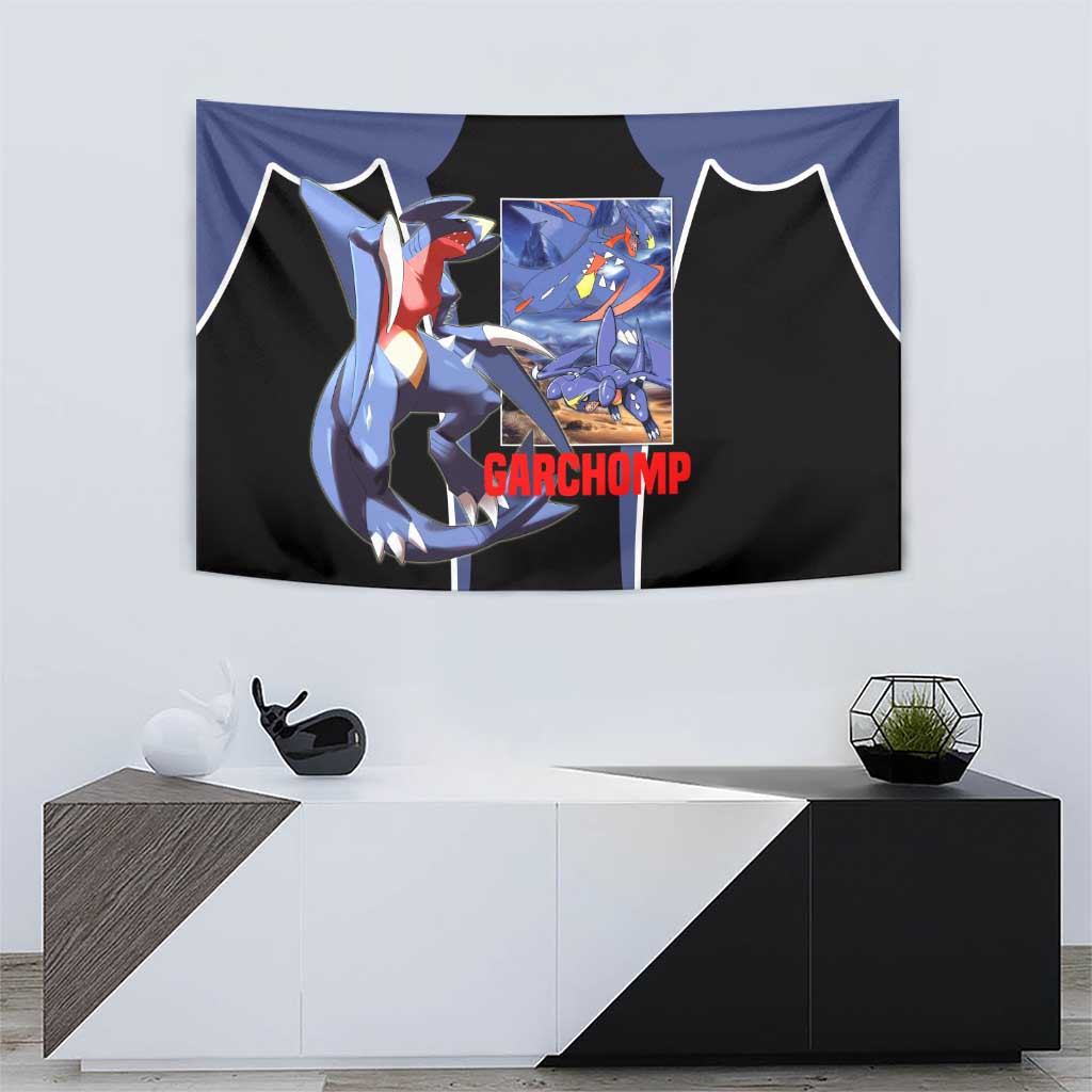 Garchomp Dark Blue Anime Tapestry With Dragon Type Battle Pose And Sharp Claw Artwork