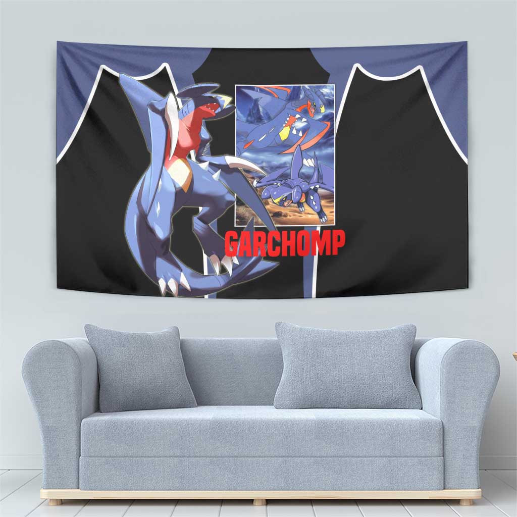 Garchomp Dark Blue Anime Tapestry With Dragon Type Battle Pose And Sharp Claw Artwork