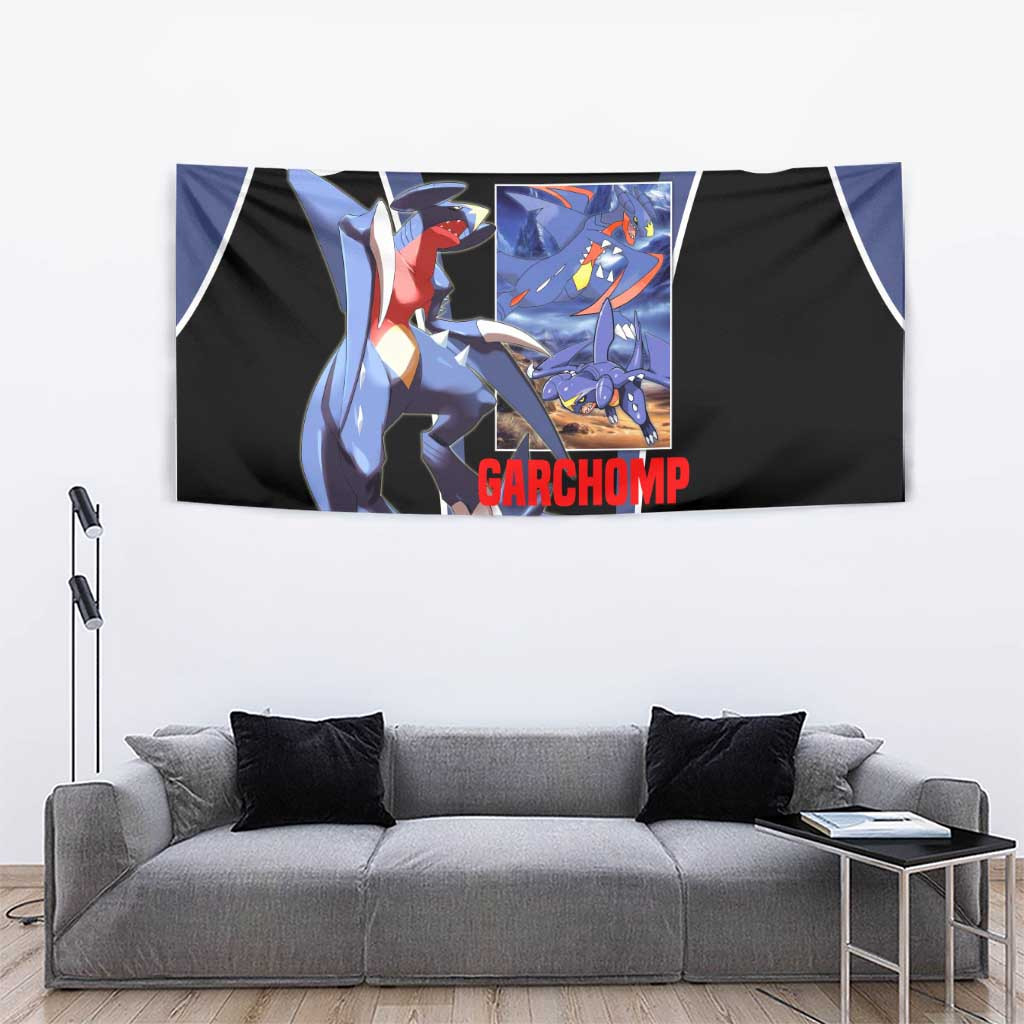 Garchomp Dark Blue Anime Tapestry With Dragon Type Battle Pose And Sharp Claw Artwork
