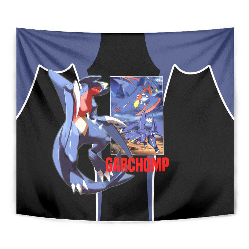 Garchomp Dark Blue Anime Tapestry With Dragon Type Battle Pose And Sharp Claw Artwork