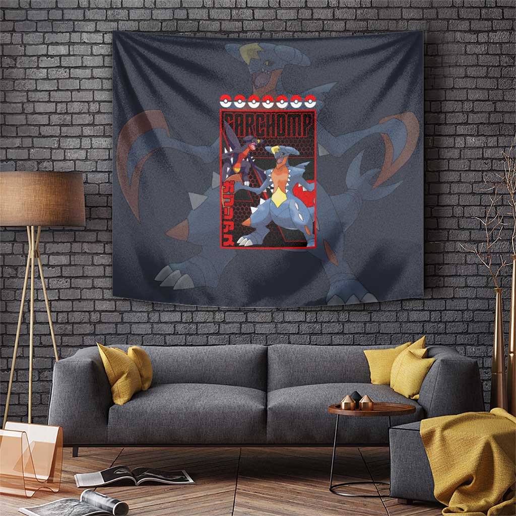 Garchomp Poke Tapestry With Pokball Emblem And Dragon Power Style