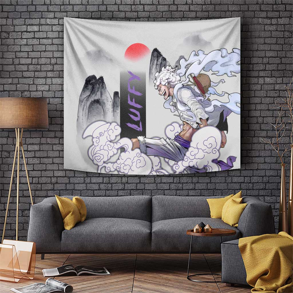 Gear 5 Luffy Anime Tapestry With Cloud And Red Sun Design
