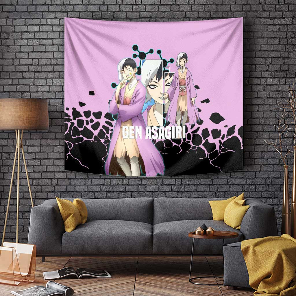 Gen Asagiri Dr Stone Anime Tapestry With Pink Cloak Design And Dual Portrait Art