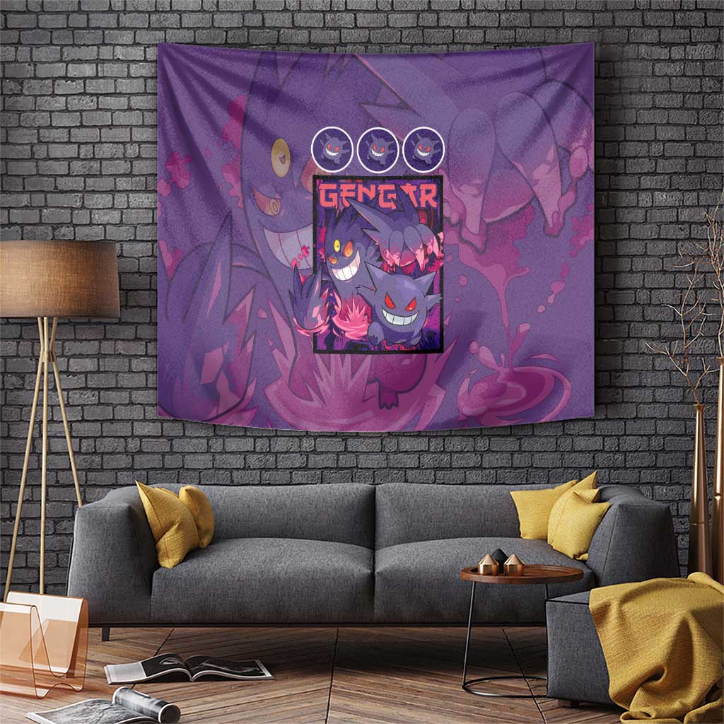 Gengar Ghost Tapestry With Purple Swirl Design And Smiling Faces