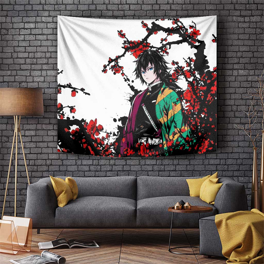 Giyu Tomioka Demon Slayer Tapestry With Red Sun And Cherry Blossom Demon Slayer Graphic