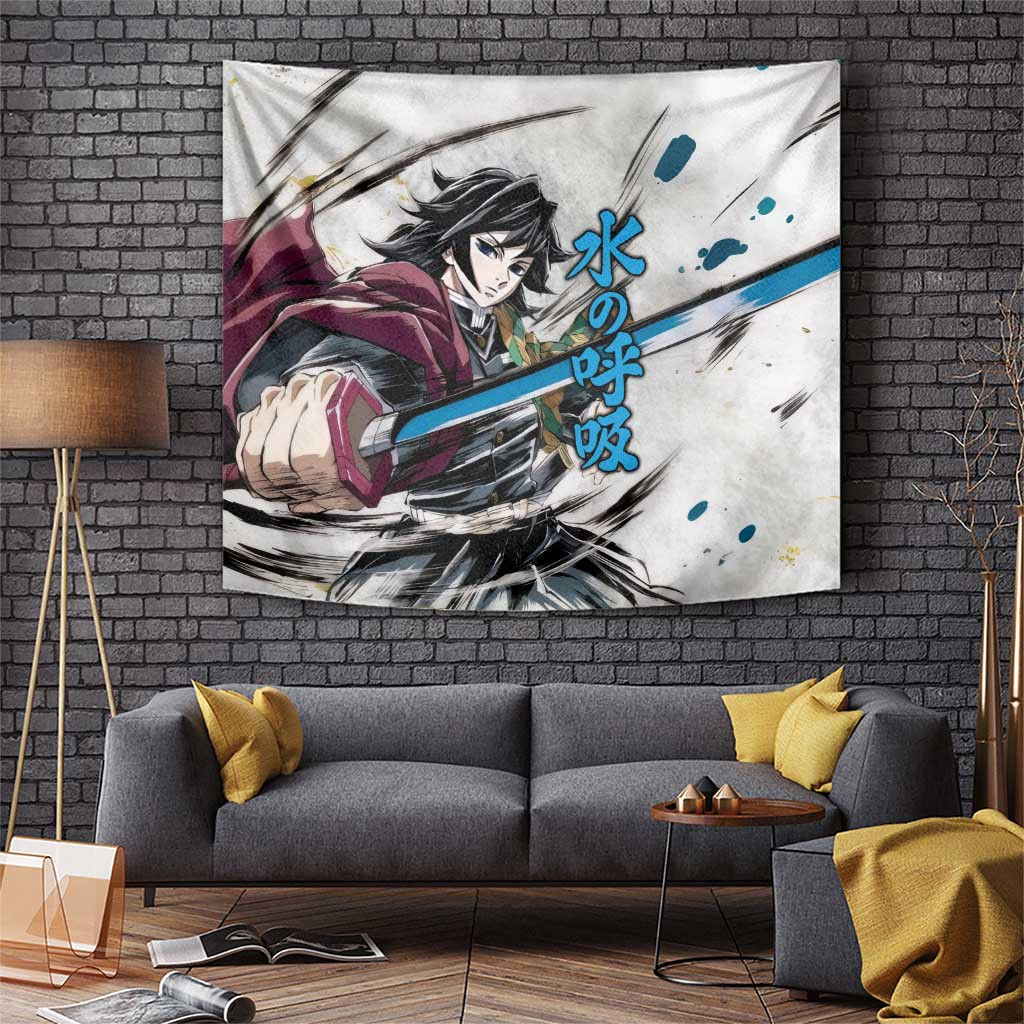 Giyu Tomioka Demon Slayer Tapestry With Water Hashira Blue Brushstroke Style