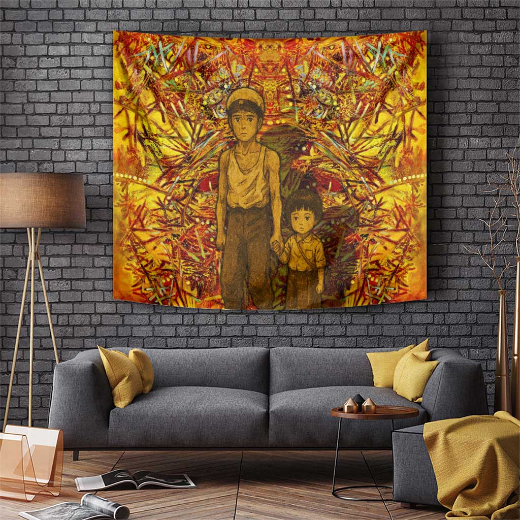 Grave Of The Fireflies Tapestry With Fiery Red Gold Warzone Grunge Effect