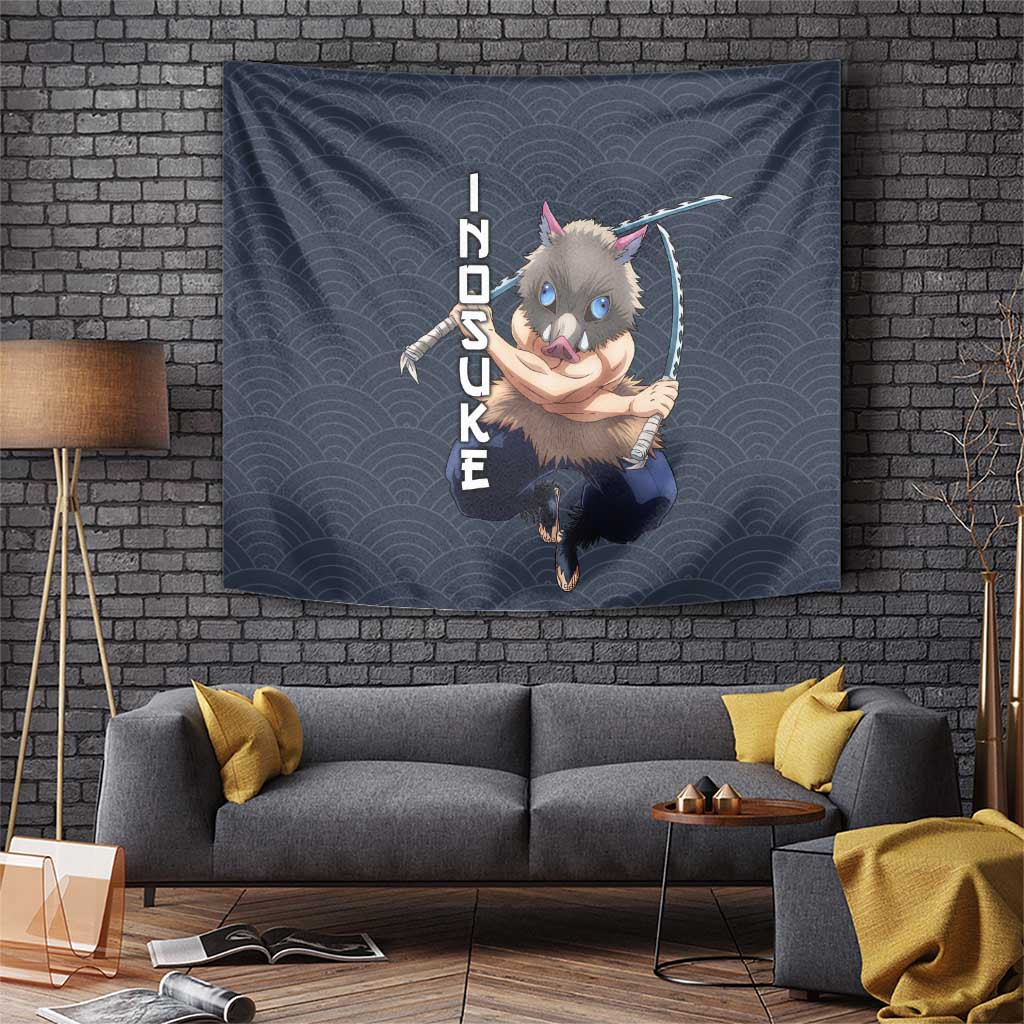 Inosuke Hashibira Demon Slayer Tapestry Boar Mask Fierce Pose Dark Wave Pattern