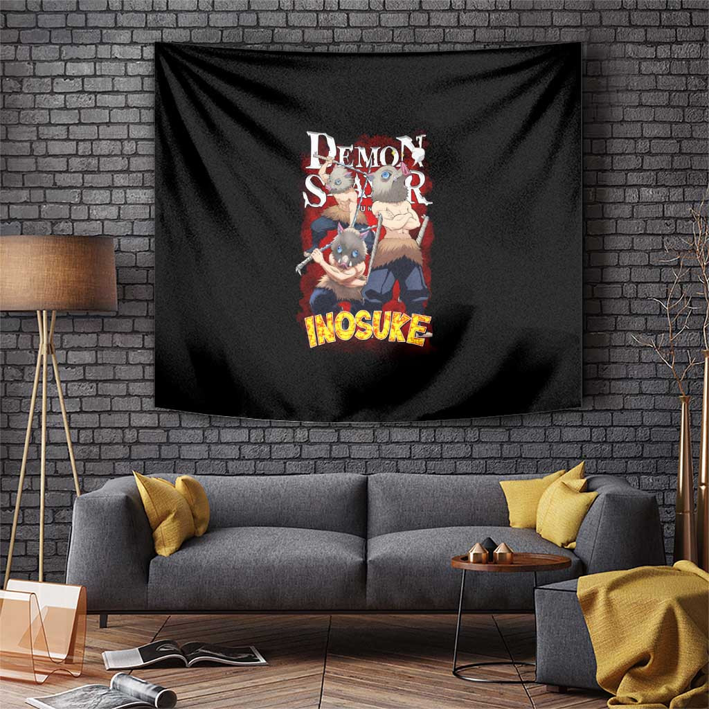 Inosuke Hashibira Demon Slayer Tapestry With Black White Boar Mask Theme
