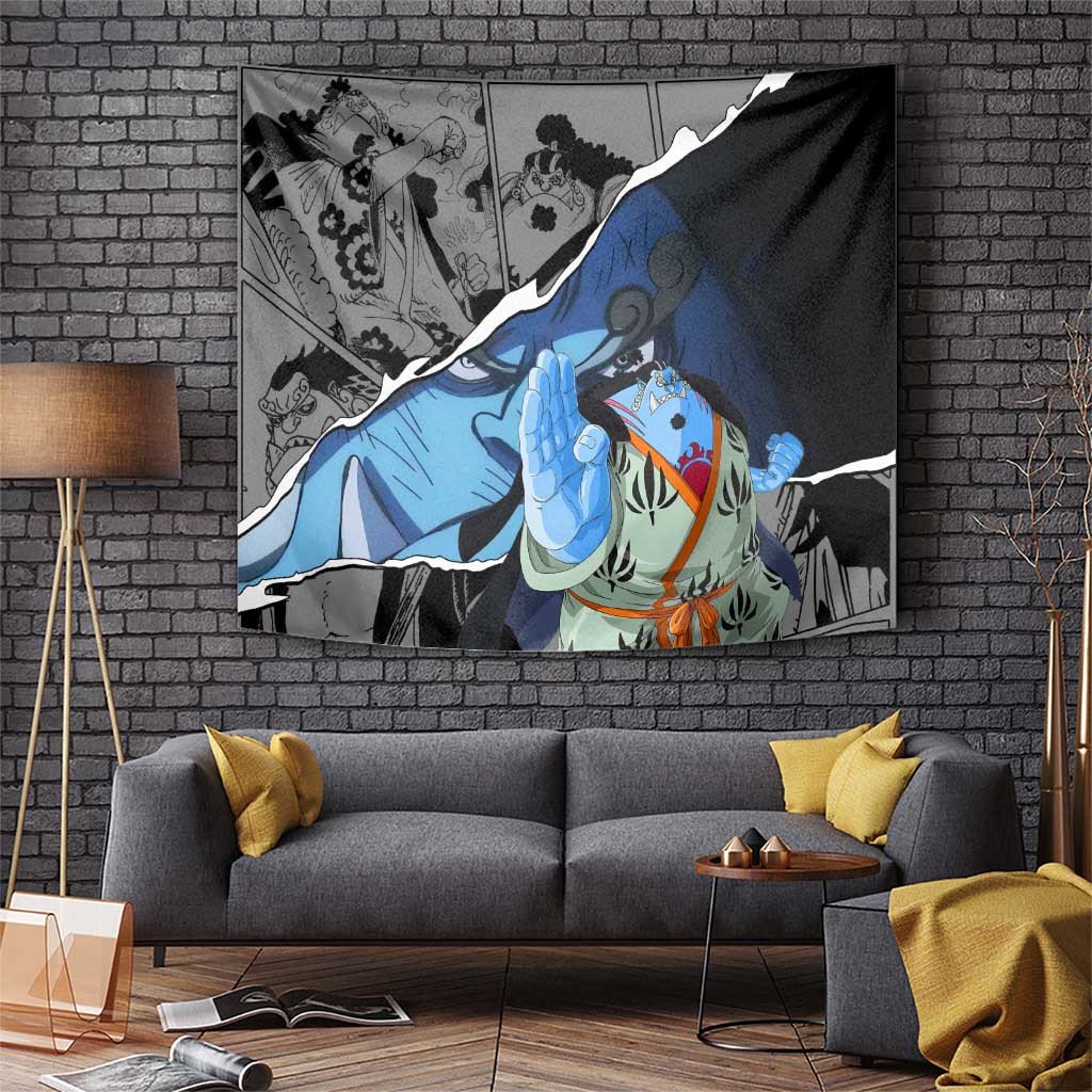 Jinbe One Piece Tapestry With Fishman Karate Pose And Manga Collage