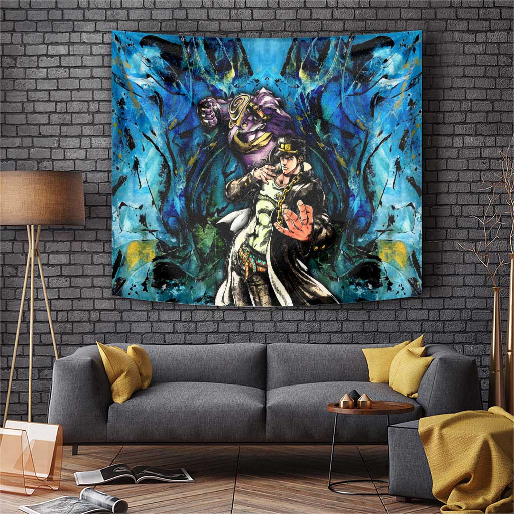Jotaro Kujo Jojos Bizarre Adventure Tapestry With Bold Blue Aura Clash