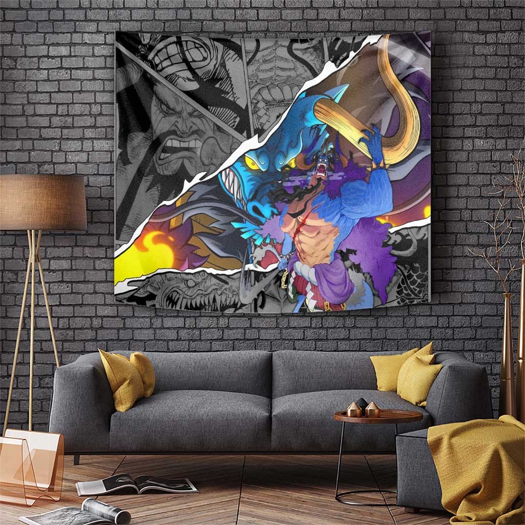 Kaido One Piece Tapestry With Dragon Form And Beast Pirate Emblem Design
