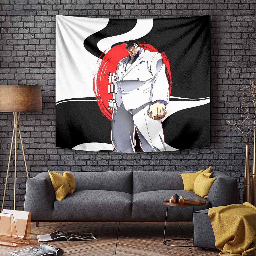 Kaoru Hanayama White Suit Tapestry With Bold Fighting Stance And Red Circle Design