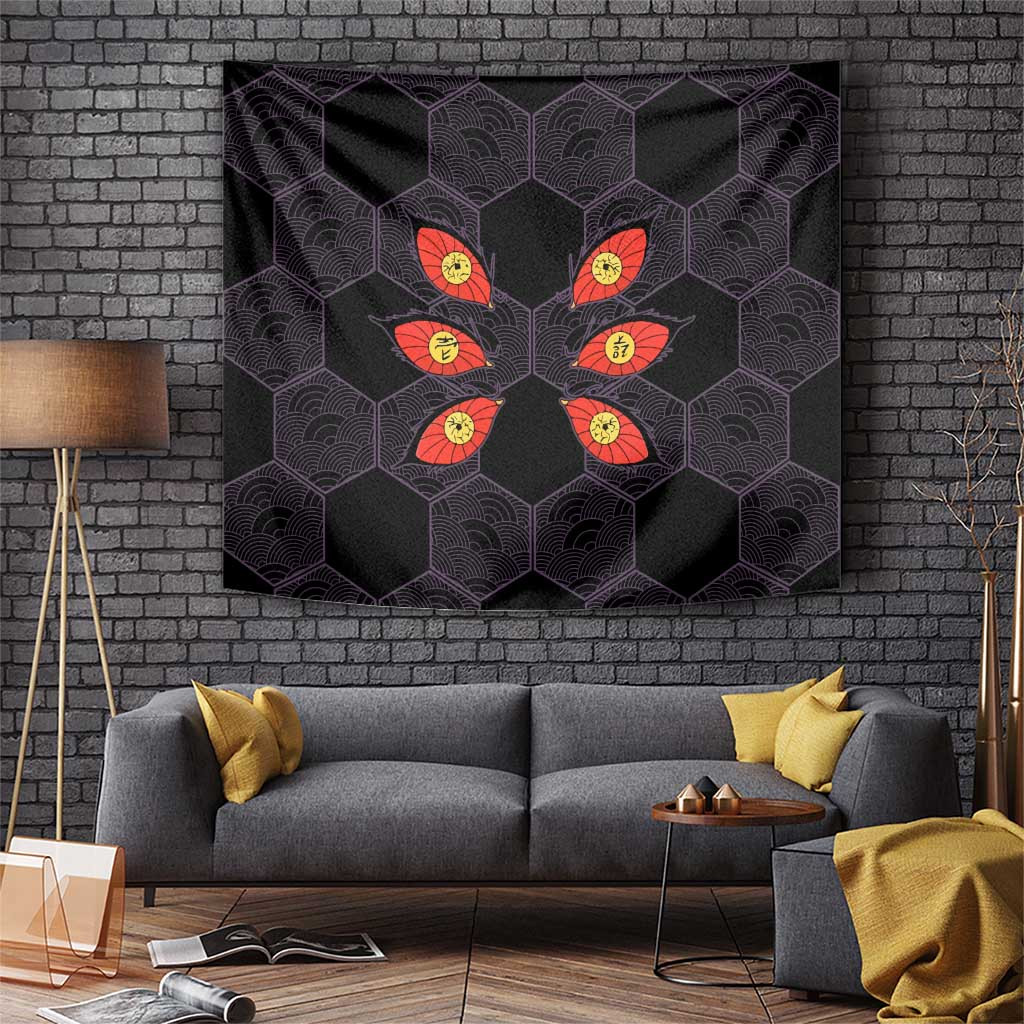 Kokushibo Demon Slayer Tapestry With Purple Hexagonal Pattern And Red Eyes Design