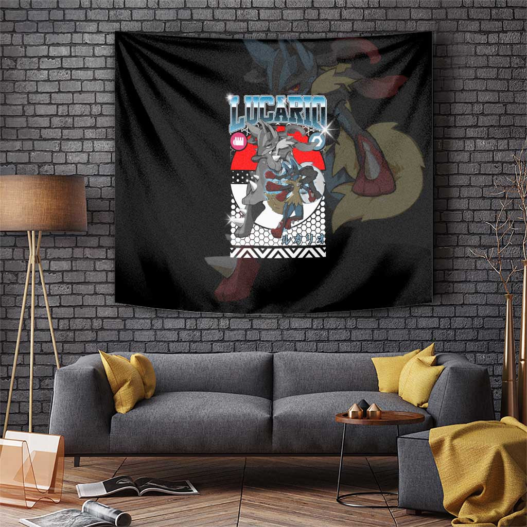 Lucario Poke Tapestry With Aura Sphere Power Black And Red Retro Grid Pattern
