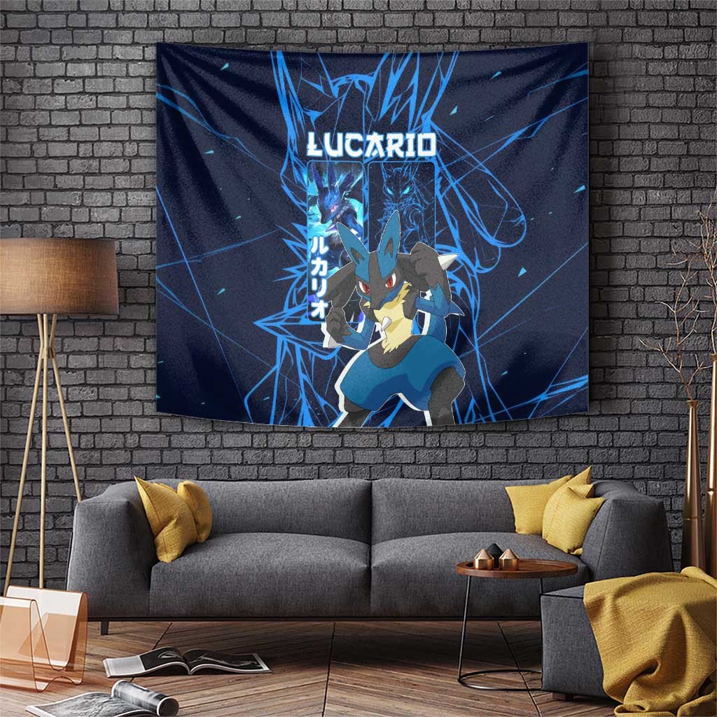 Lucario Poke Tapestry With Blue Aura Line Art