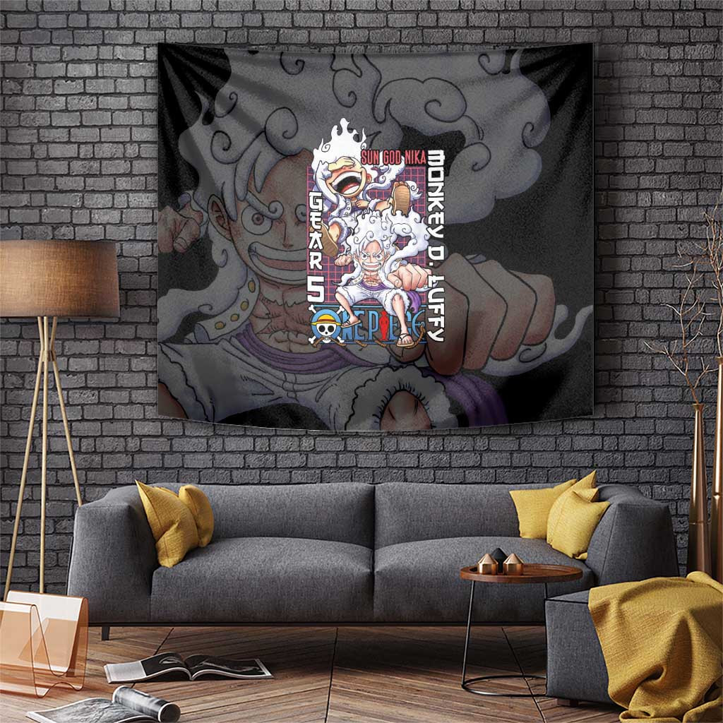 Luffy Gear 5 One Piece Tapestry With Devil Fruit Symbol And One Piece Grid Backdrop