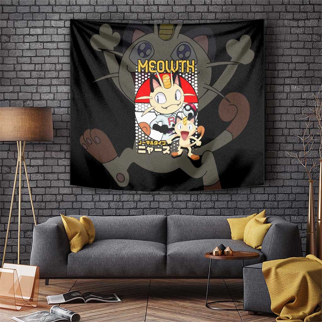 Meowth Poke Team Rocket Tapestry With Retro Black And Japanese Lettering